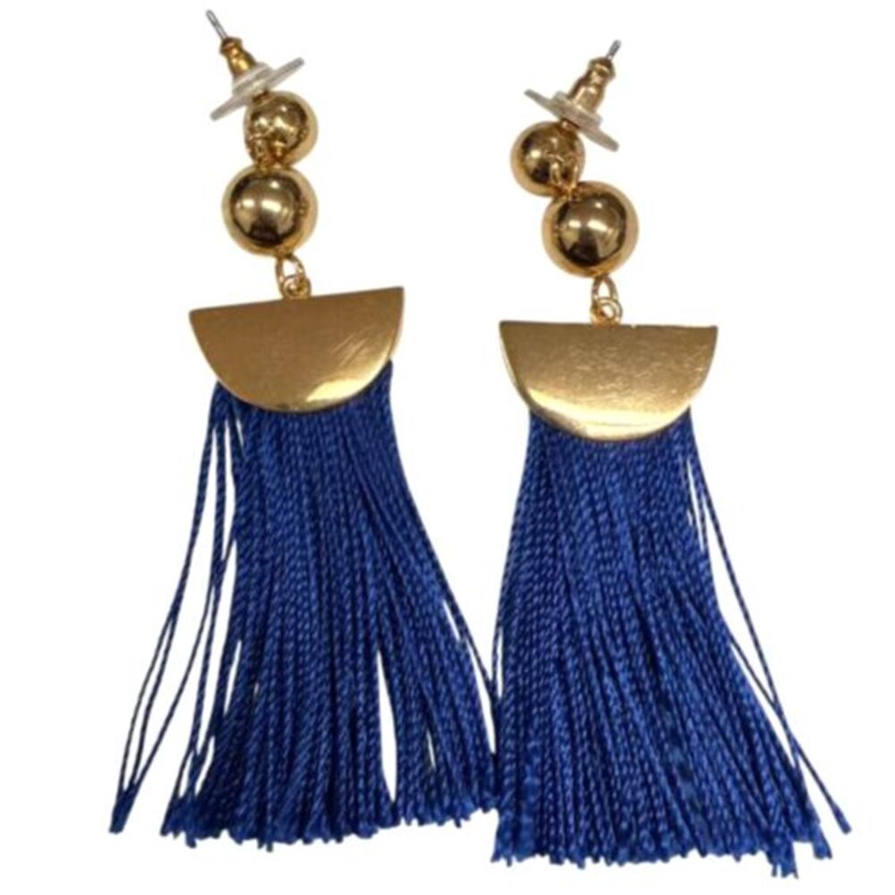 J.Crew Cobalt Blue Half Moon Tassel Gold Tone Statement Drop Earrings
